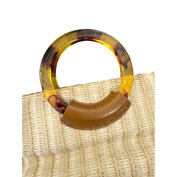 Hobo Sheila Raffia Circle Handle Tote Bag Straw Woven Tortoise Ring Handles - Picture 4 of 9